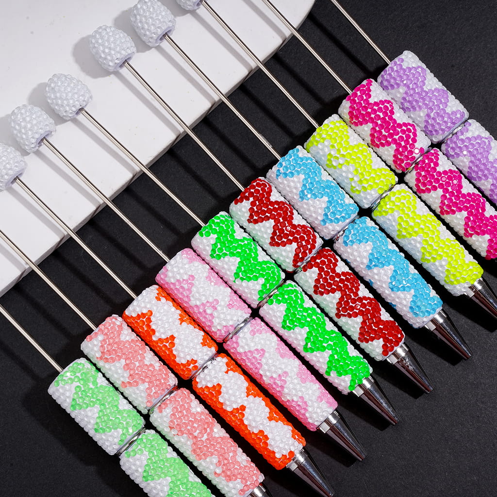 Beadable Clay Pens w Fluorescent Wavy Multi-Color Rhinestones Full Coverage the Entire Pen