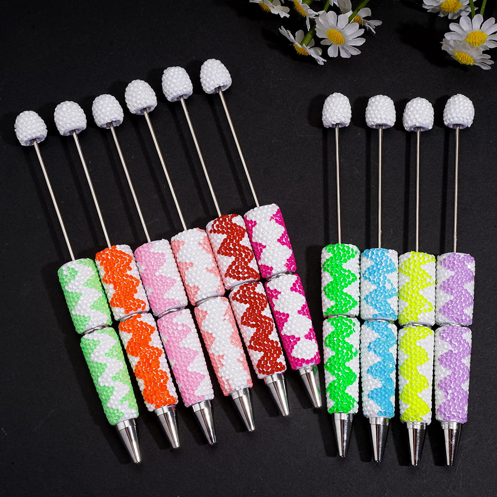 Beadable Clay Pens w Fluorescent Wavy Multi-Color Rhinestones Full Coverage the Entire Pen
