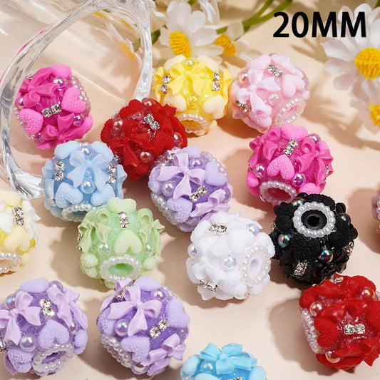 Cute Heart & Bow Design with Clear Rhinestones & White Pearl Chain Handmade Acrylic Beads 20MM Random Mix