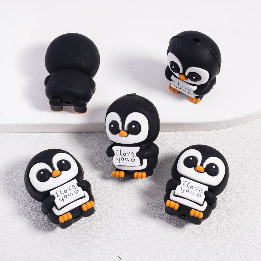 3D Cute Cartoon Penguin, Dwarf & Highland Cow Toy Valentines Day Series Silicone Focal Beads with Love Hearts