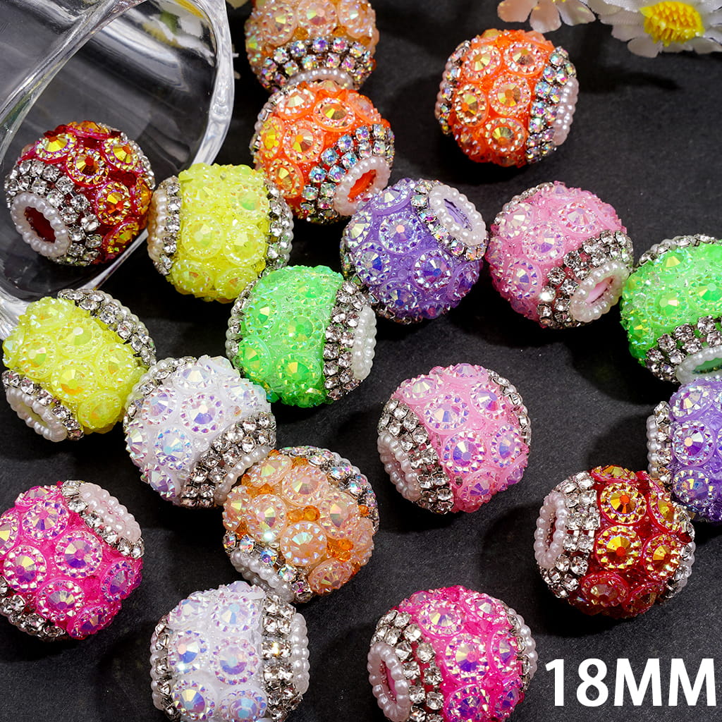Dazzling Hand-Made Sugar Acrylic Beads w Double-Layer AB & Clear Rhinestones, White Pearl Chain, 18MM, Random Mix