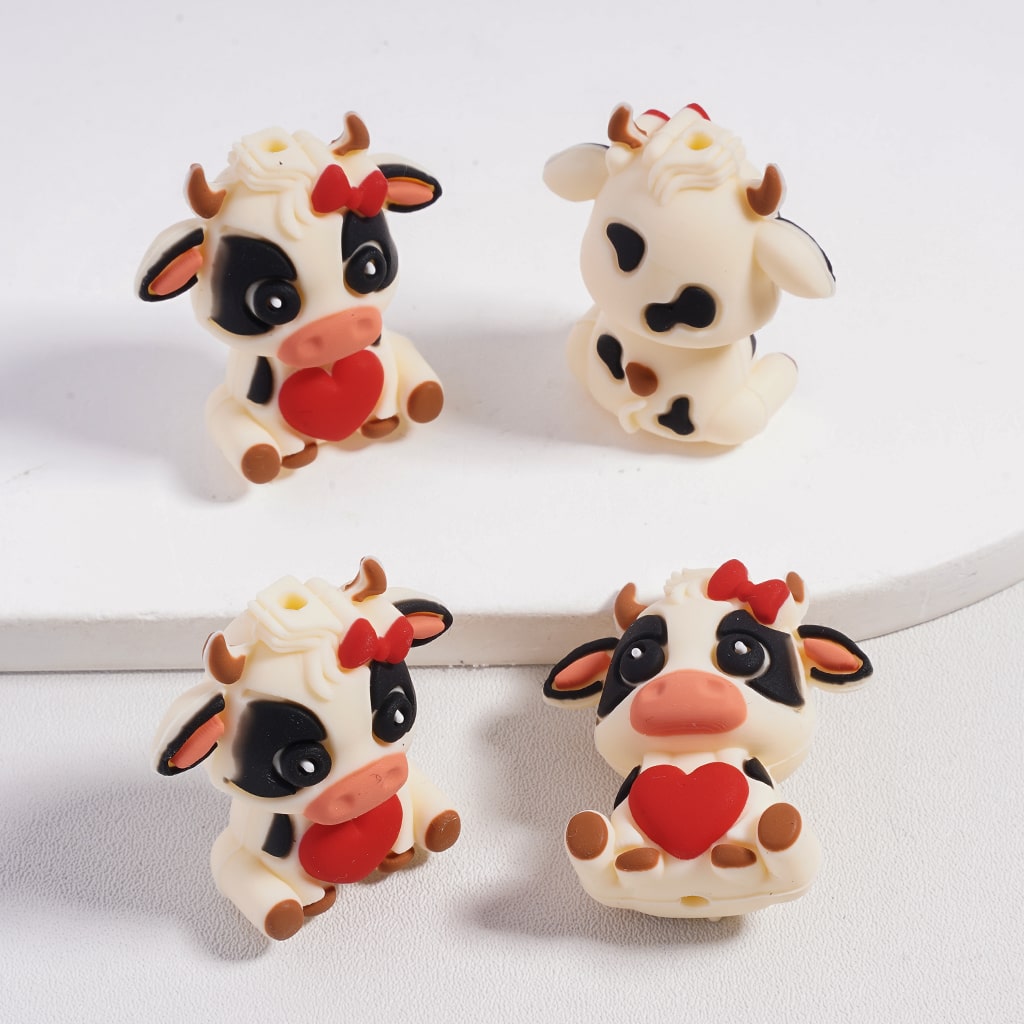 3D Cute Cartoon Penguin, Dwarf & Highland Cow Toy Valentines Day Series Silicone Focal Beads with Love Hearts