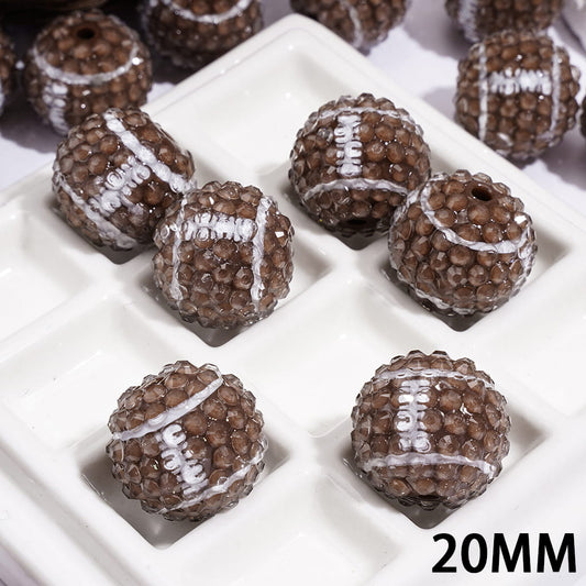 Sparkling Transparent Rhinestone Rugby Ball Design Round Glossy Finish Acrylic Beads 20MM