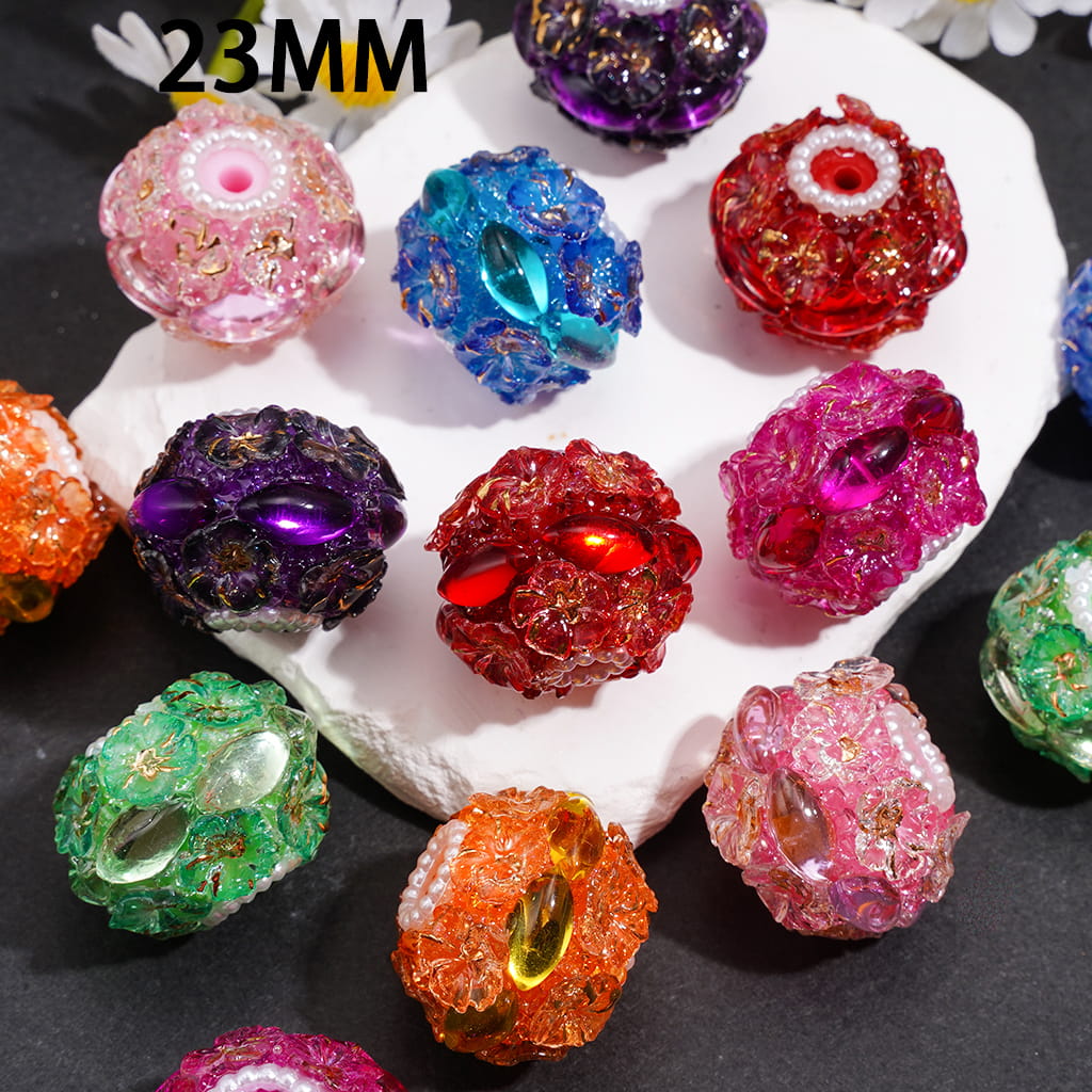Hand-Made Sugar Acrylic Beads w Gold Foil Flower & White Pearl Chain, 23MM, Random Mix