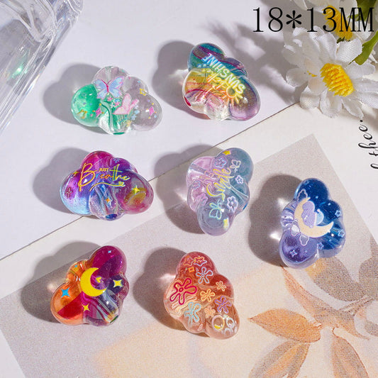 Dreamy Cloud Shape Acrylic Beads with Flower, Butterfly, Star & Moon Prints, 18*13MM, Translucent Multi-Color Random Mix
