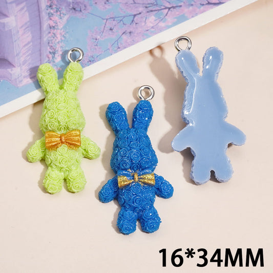 Cute Rose Bunny with Gold Bow Detail and Hanging Loop Acrylic Bead Charms Pendent 16*34MM Random mix