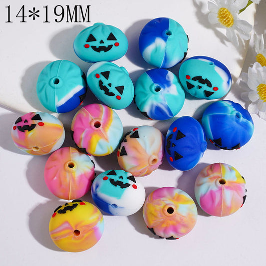 3D Evil Dumpling with Gradient Colors Pumpkin Face Halloween Theme, Silicone Focal Beads, 14*19MM, Assorted Colors, Random Mix