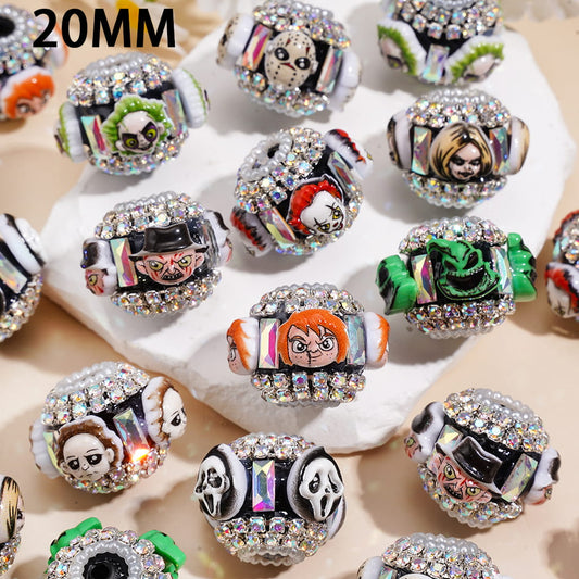 Spooky Horror Movie Character with Colored Rectangular Rhinestones, AB Rhinestone Chain and Pearl Trim Handmade Acrylic Beads 20MM, Random Mix