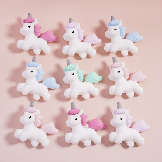 3D White Mini Unicorn with Multi-Color Mane & Tail Silicone Focal Beads Random Mix
