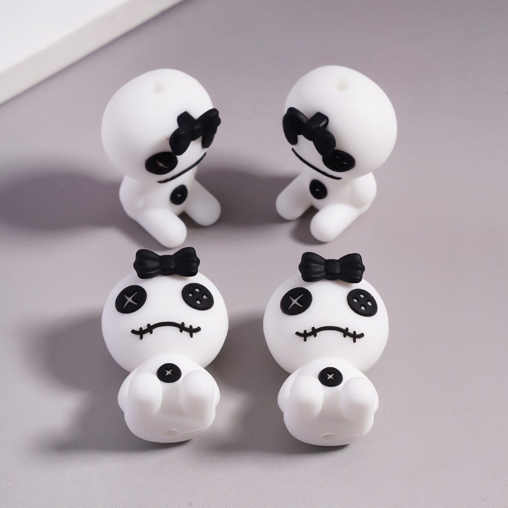 3D White Horror Baby Doll with Black Bowtie Silicone Focal Beads