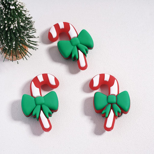 Christmas Red & White Cheer Candy Cane with Green Ribbon Bow Silicone Focal Beads