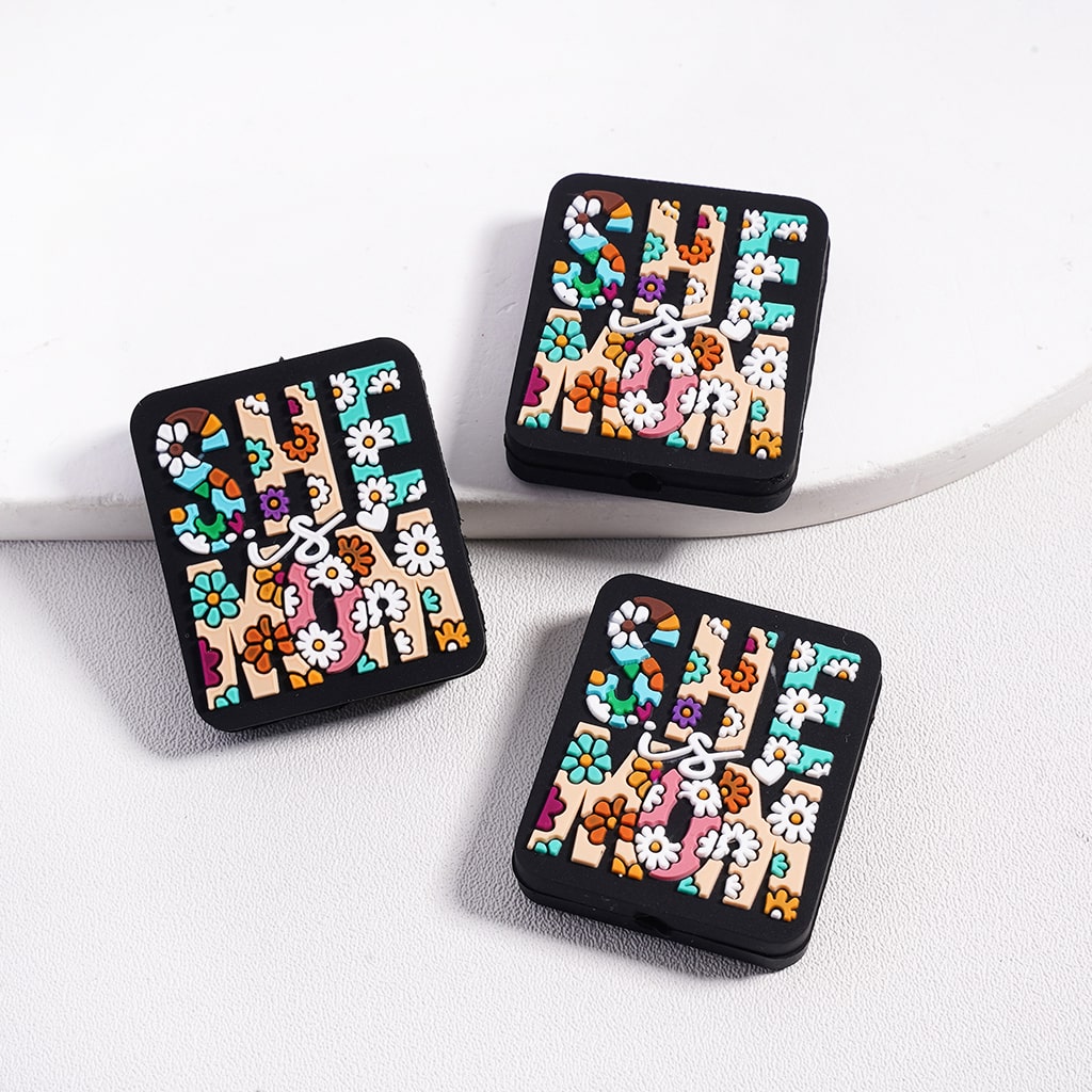 Black Square Shape Silicone Focal Beads with She Is Mom Print and Flowers