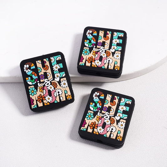 Black Square Shape Silicone Focal Beads with She Is Mom Print and Flowers