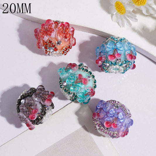 Sparkling Cherry & Plaid Bowtie Handmade Acrylic Beads with Heart-Shaped Rhinestone Chains & White Pearl Loop, 20MM, Multi-Color Random Mix