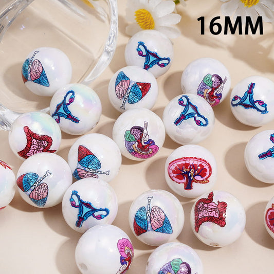 UV Coated Body Organ Theme Print Round Acrylic Beads for Bracelets, 16MM Random Mix