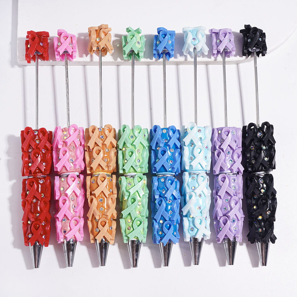 Vibrant Color Cancer Awareness Ribbons and Sparkling AB Rhinestones on a Multi-Color Base, Beadable Clay Pen