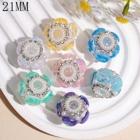 Elegant Leaf Sequin Clear Half-Round Handcrafted Acrylic Beads with White Pearl & Sparkling Rhinestone Chains, 21MM, Various Colors, Random Mix
