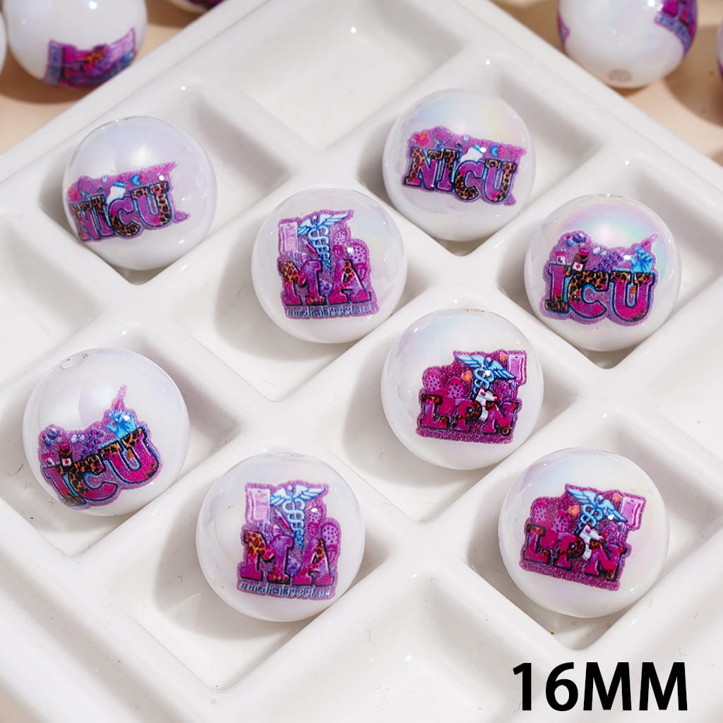 Acrylic Beads for Bracelets UV Coating w Medical Care Series, "NICU" "ICU" "MA" "LPN", 16MM, Random Mix