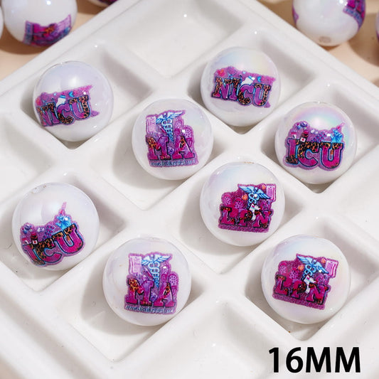 UV Coated Medical Care Series "NICU" "ICU" "MA" "LPN" Print Round Acrylic Beads for Bracelets, 16MM Random Mix