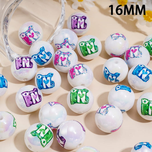 UV Coated Colored "RN" Print Round Acrylic Beads for Bracelets, 16MM Random Mix
