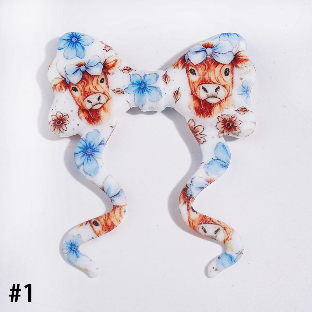 Light Brown Highland Cow with Multicolor Bowtie and Flower Designs Soft Bowknot with Long Ribbon Silicone Focal Beads, 59*70MM