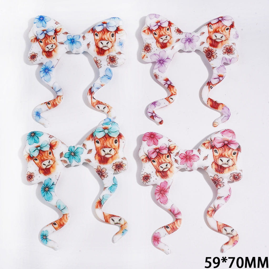 Light Brown Highland Cow with Multicolor Bowtie and Flower Designs Soft Bowknot with Long Ribbon Silicone Focal Beads, 59*70MM