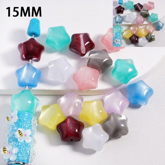 Silver Glitter Inside Color Changing Cat Eye Style, Five-Pointed Star Shape Acrylic Beads, Random Mix 15MM