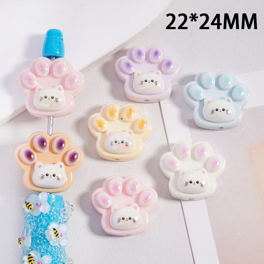 UV Coated Colorful Cat Paw Design, Acrylic Beads Random Mix, 22*24mm
