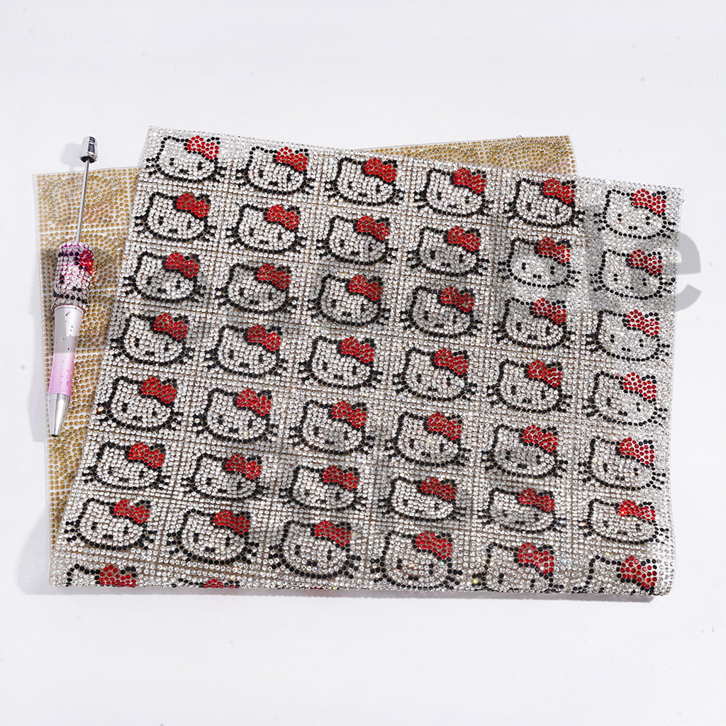 Adorable DIY Bling Wrap Tape with Cat Head Portrait Designs and Clear, Black and Red Cone-Shaped Rhinestones for Pens, Around 38*28MM (Small 84 Pieces in 1 Sheet)