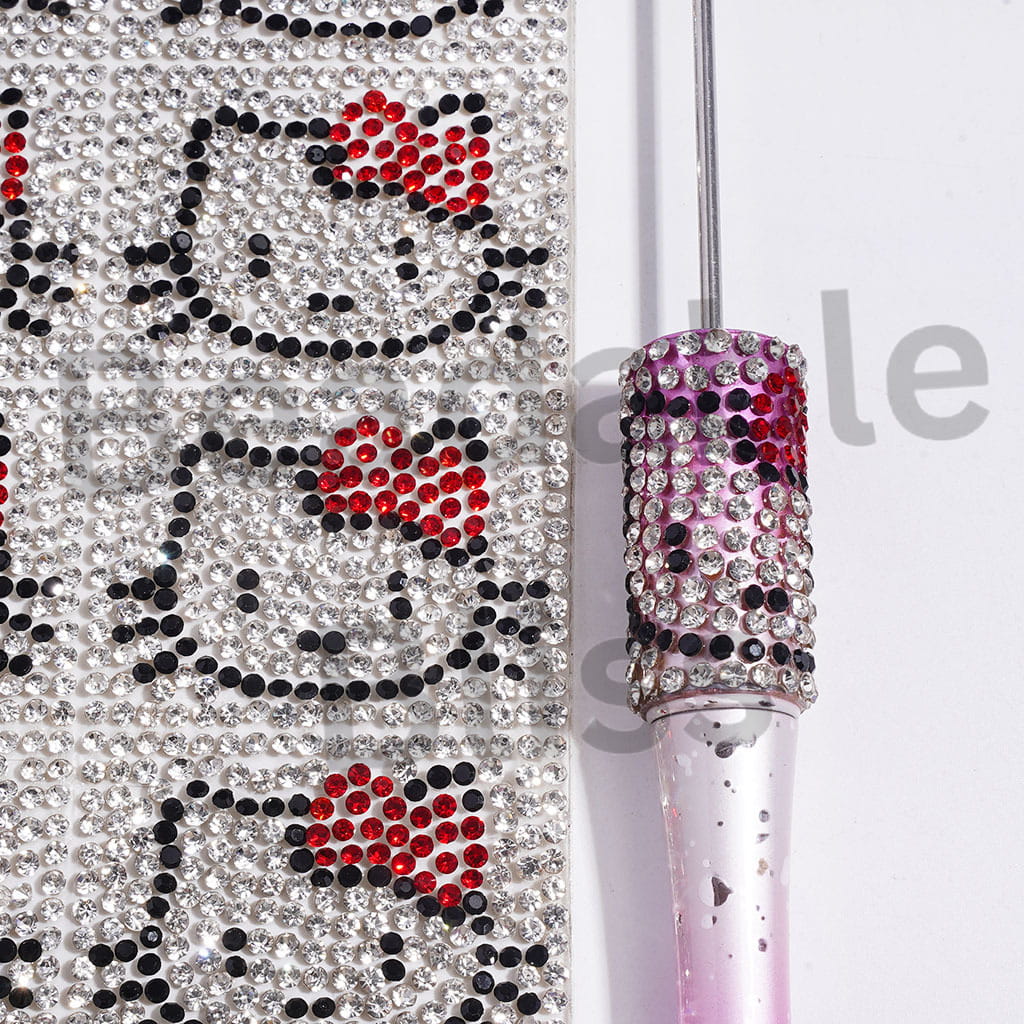 Adorable DIY Bling Wrap Tape with Cat Head Portrait Designs and Clear, Black and Red Cone-Shaped Rhinestones for Pens, Around 38*28MM (Small 84 Pieces in 1 Sheet)