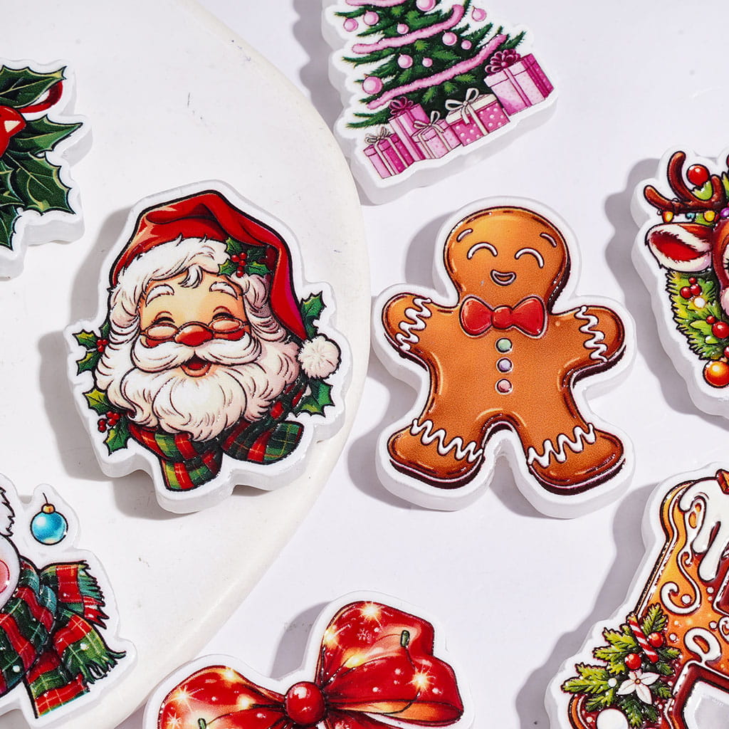 Festive Christmas Tree, Santa Claus, Gift Box, Gingerbread, Reindeer, Crystal Ball, Bell & Bowtie Acrylic Beads, Variant Designs, Random Mix