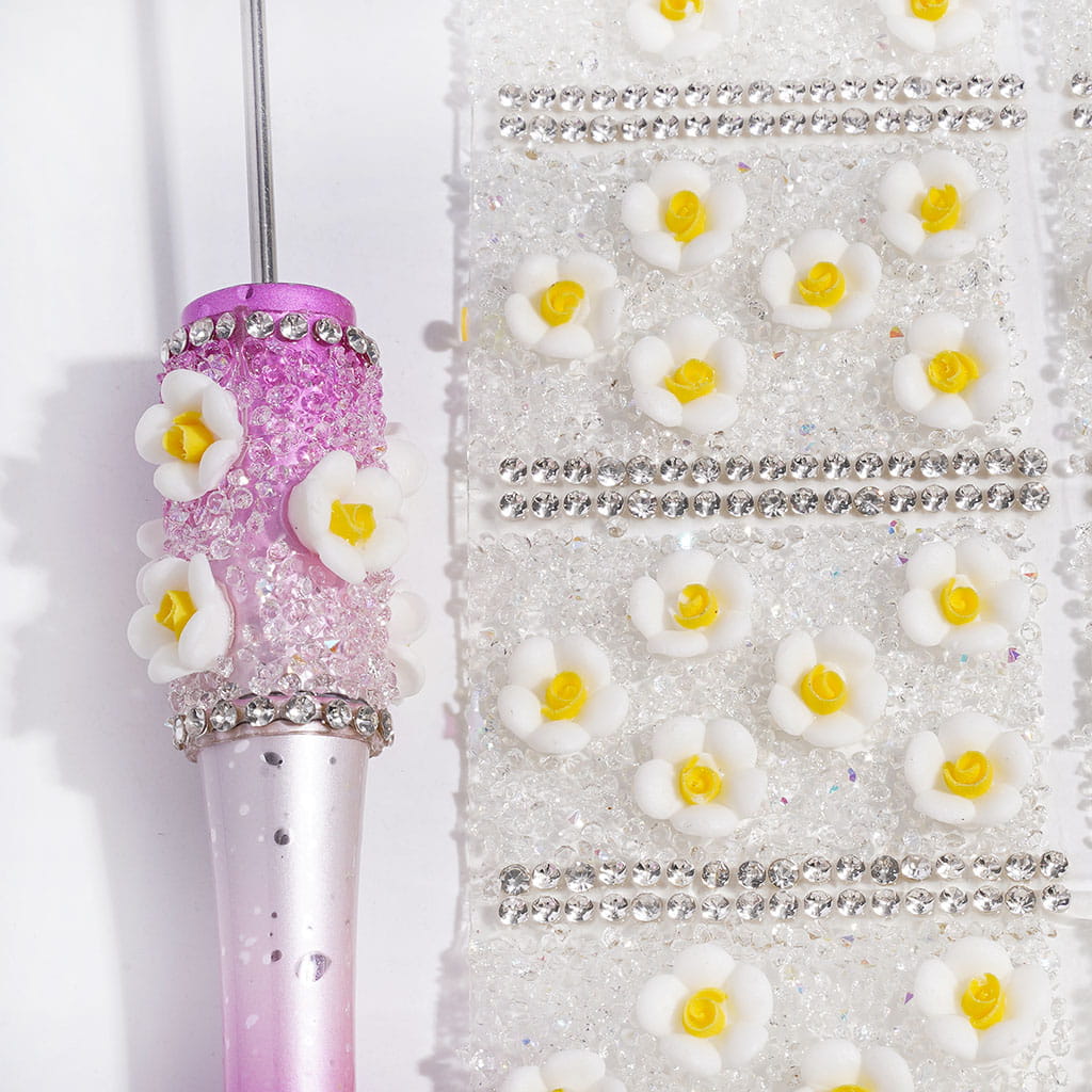 Adorable DIY Bling Wrap Tape Daisy Flower Designs with Cone-Shaped Rhinestones for Pens, Around 40*28MM (Small 84 Pieces in 1 Sheet)