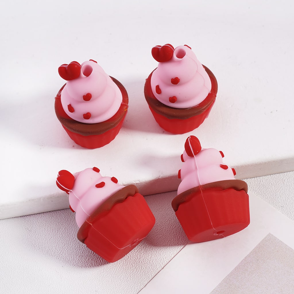 Pink Love Cupcake with Red Hearts Charmer Silicone Focal Bead