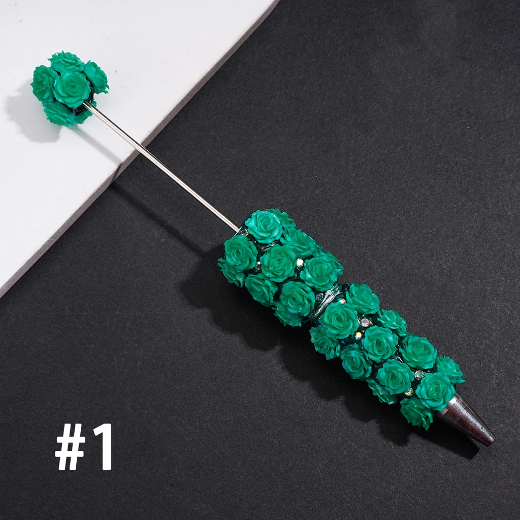 Beadable Clay Pens w Luminous Rose Flowers, AB Rhinestones & White Pearls, Neon Color (Update Another Colors Pens Later)
