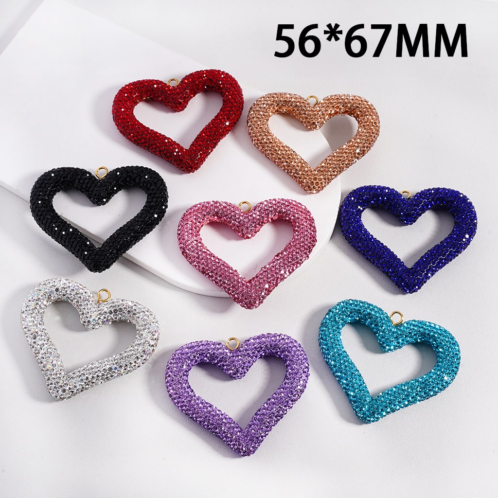 Glitter Rhinestone Heart Shape Clay Beads Pendant Charms, Jewelry Accessories Random Mix,  56*67MM