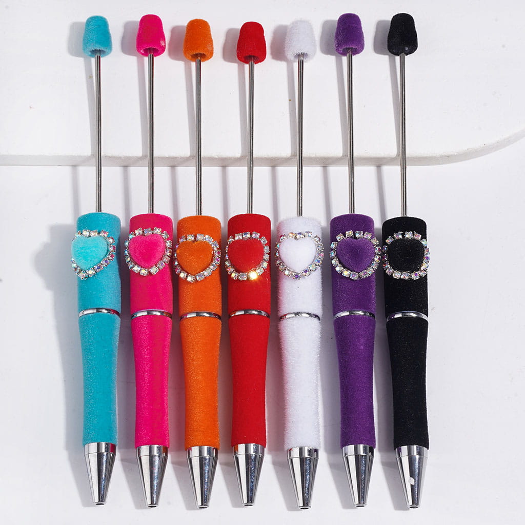 Cute Fluffy Flocked Heart Designs with AB Rhinestone Chains Fully Covered Handcrafted Beadable Pens, Multi-Color