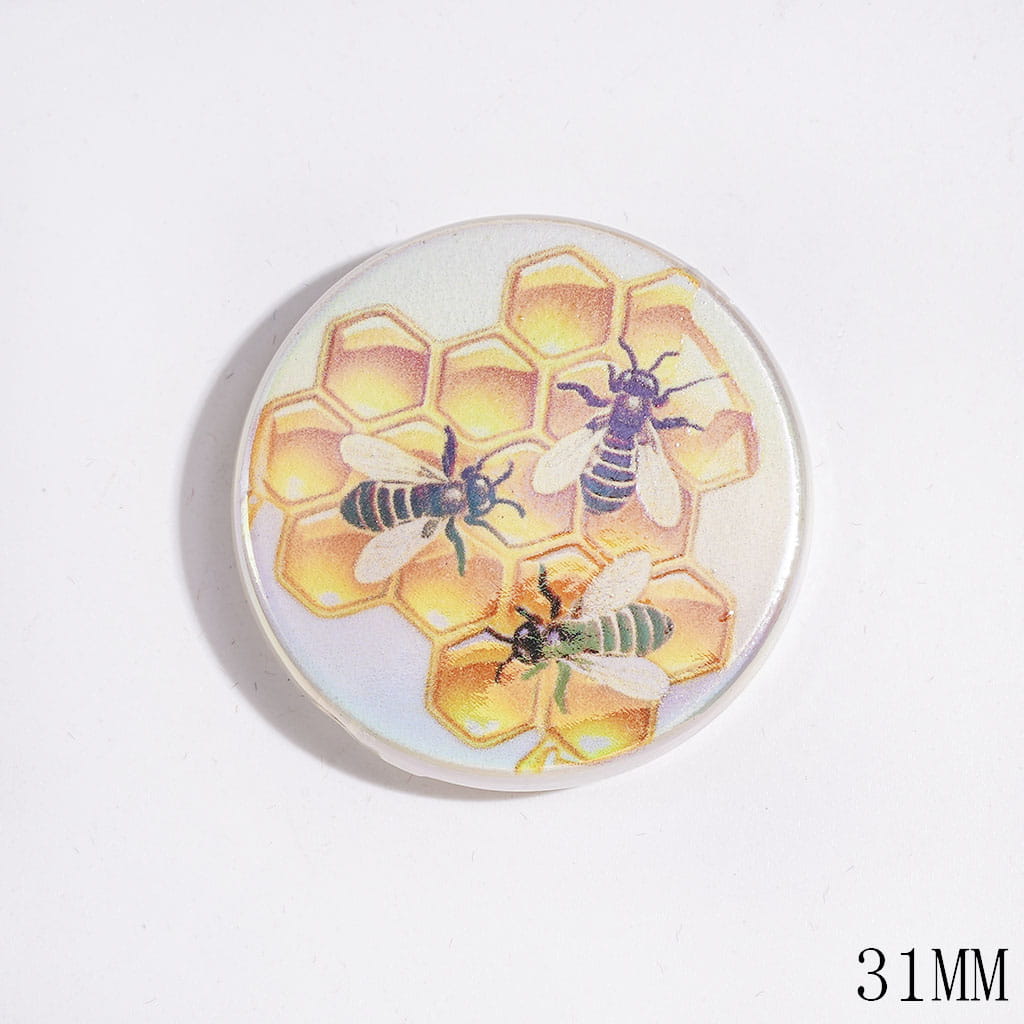 UV-Finish Sweet Honeybee, Honeycomb and Honey Pot Pattern Flat Round Acrylic Beads, 31MM, Random Mix