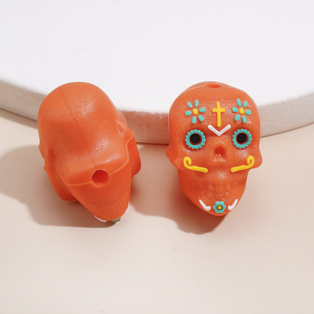 Silicone Focal Beads 3D Colorful Prints Skull Head Halloween Day of the Dead