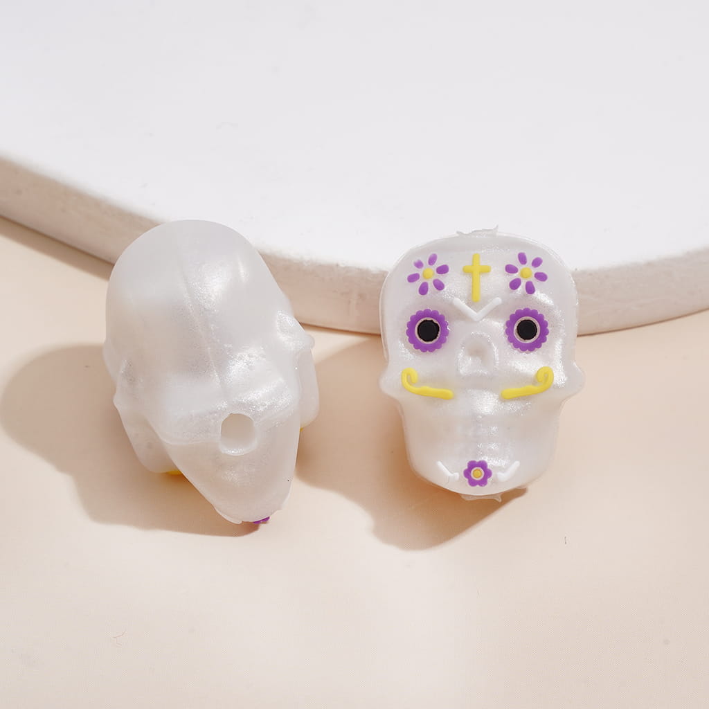 Silicone Focal Beads 3D Colorful Prints Skull Head Halloween Day of the Dead