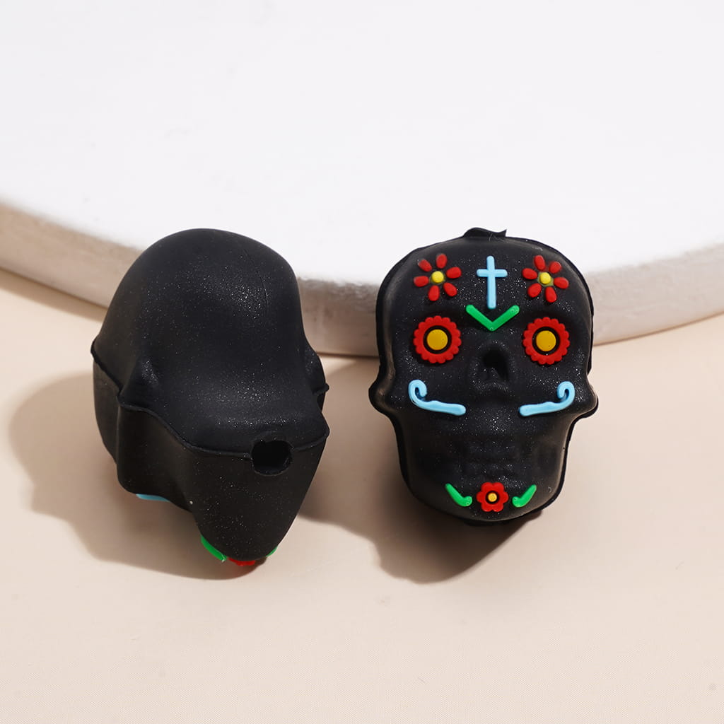 Silicone Focal Beads 3D Colorful Prints Skull Head Halloween Day of the Dead