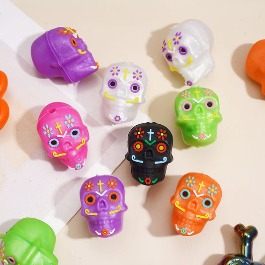 3D Spooky Colorful Skull Head Prints Day of the Dead Halloween Theme Silicone Focal Beads