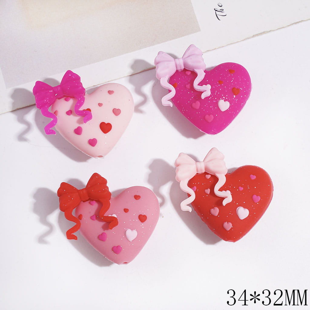 3D Adorable Silver Glitter Bowties and Mini Heart Design Heart-Shaped Silicone Focal Beads, 34*32MM, Multi-Color