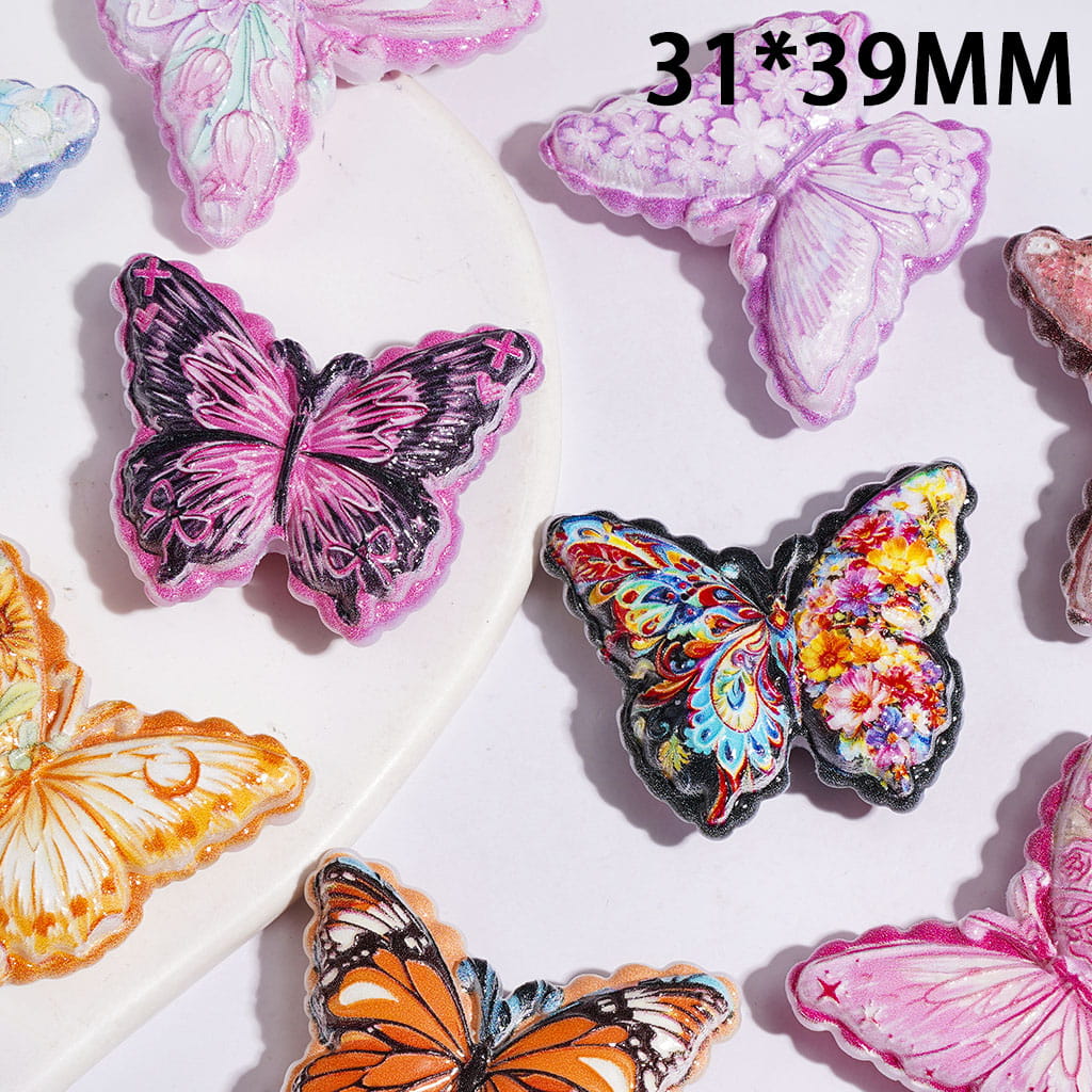 Dreamy Butterfly with with Flower on Wings, Acrylic Beads, 31*39MM, Variant Designs, Random Mix