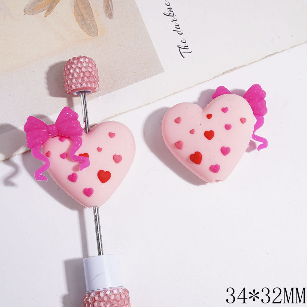 3D Adorable Silver Glitter Bowties and Mini Heart Design Heart-Shaped Silicone Focal Beads, 34*32MM, Multi-Color