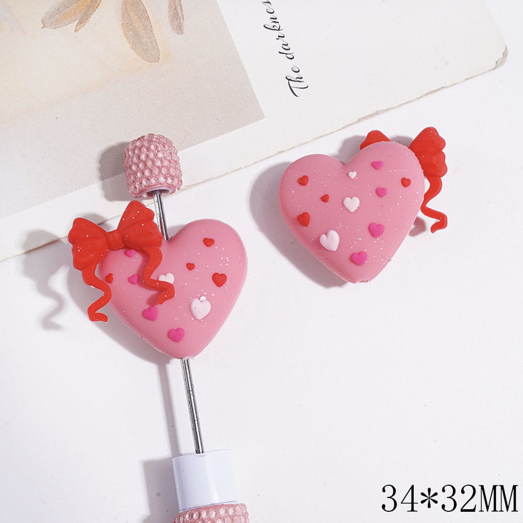3D Adorable Silver Glitter Bowties and Mini Heart Design Heart-Shaped Silicone Focal Beads, 34*32MM, Multi-Color