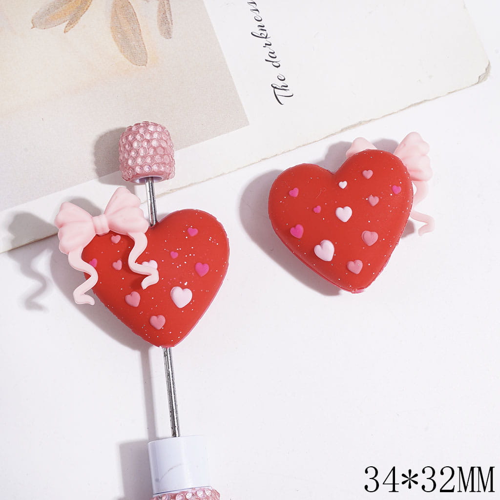 3D Adorable Silver Glitter Bowties and Mini Heart Design Heart-Shaped Silicone Focal Beads, 34*32MM, Multi-Color