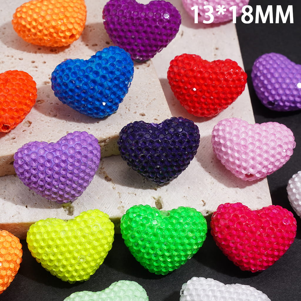 Clay Beads with Fluorescent Bubble Texture Clear Rhinestones, Heart Shape 13*18MM, Random Mix