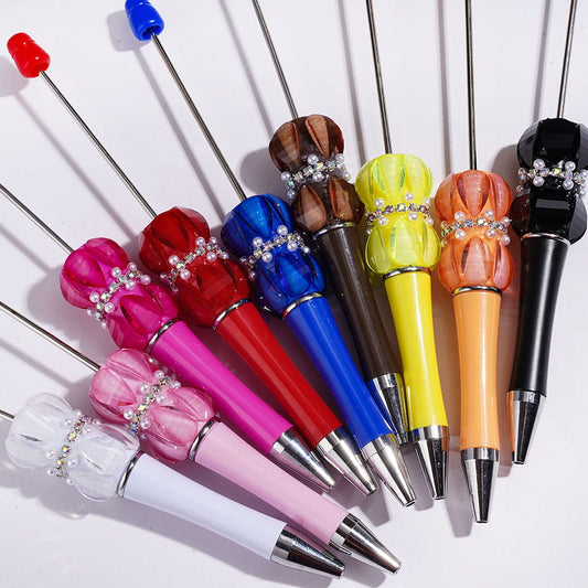 Double-Layer Water Drop Rhinestones Beadable Pens with AB Rhinestone & White Pearl Chains, Multi- Color Random Mix