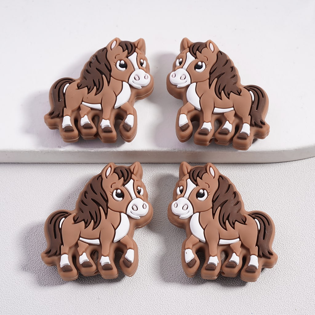 3D Horse Series Brown Mane & Tail, Various Colors Pony, Silicone Focal Beads Random Mix