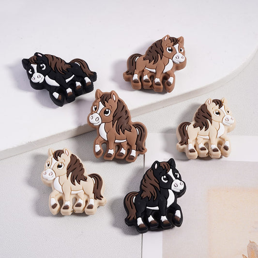 3D Horse Series Brown Mane & Tail, Various Colors Pony, Silicone Focal Beads Random Mix
